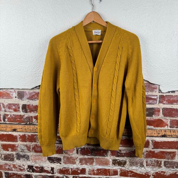 Vintage Fortuna Sweater Size Medium Yellow Cable Knit Button Up Cardigan 80s - Picture 1 of 4
